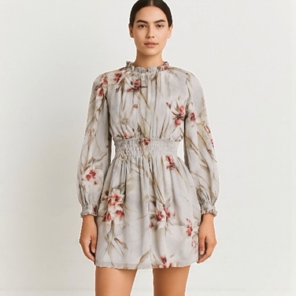All Saints Floral Long Sleeve Mini Dress in Light Gray and Dusty Pink
